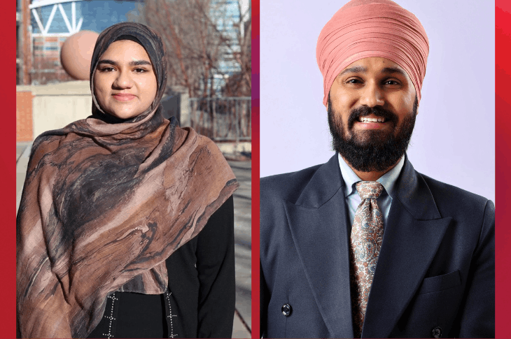 Two side by side photos. Left: Yumnaa Farooq stands in front of SAIT's Aldred Centre. Right: A professional headshot of Kulbir Singh on a grey background.