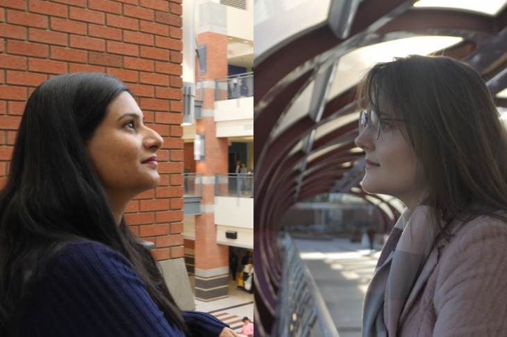 Two side-by-side shots of the side profiles of the two subjects of the story, Kanika Sehgal and Lydia Salikhova. 